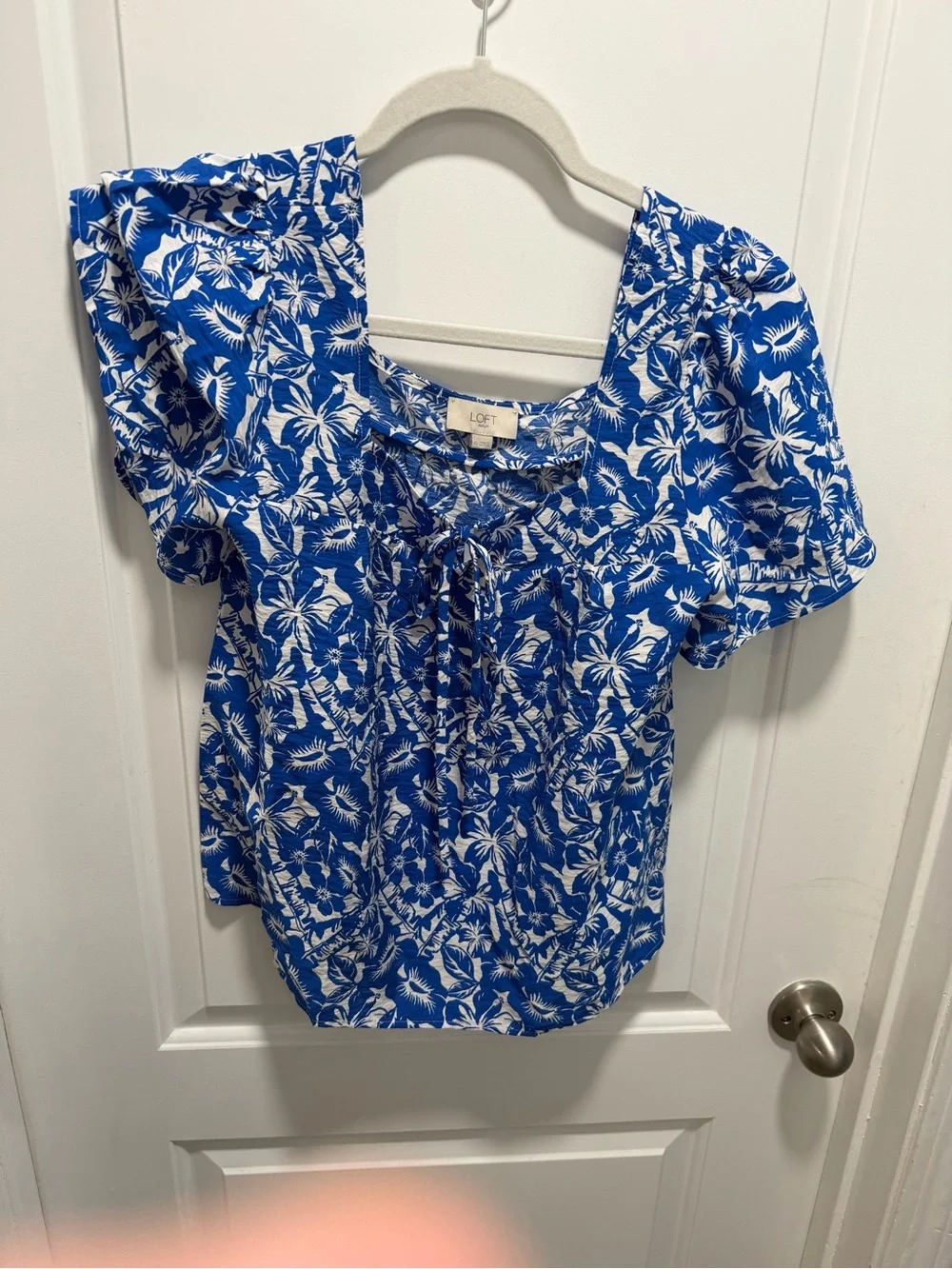 LOFT Royal Blue and White Floral Tie-Front Blouse